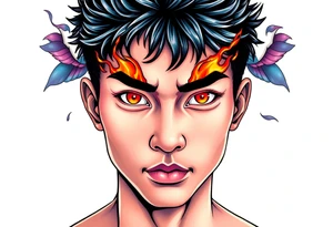 Handsome Asian young guy with burning eyes tattoo idea