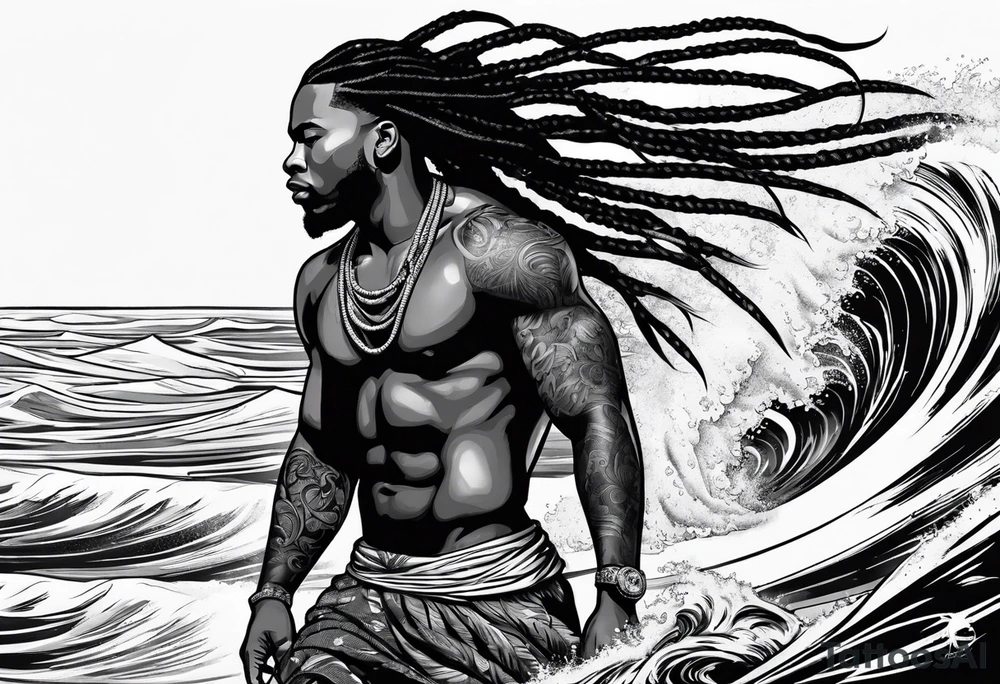 Black man with dreadlocks 
surfing tattoo idea