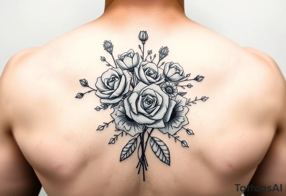 vintage bouquet of wild roses and meadow flowers with morning dew tattoo idea