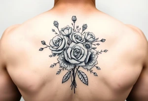 vintage bouquet of wild roses and meadow flowers with morning dew tattoo idea