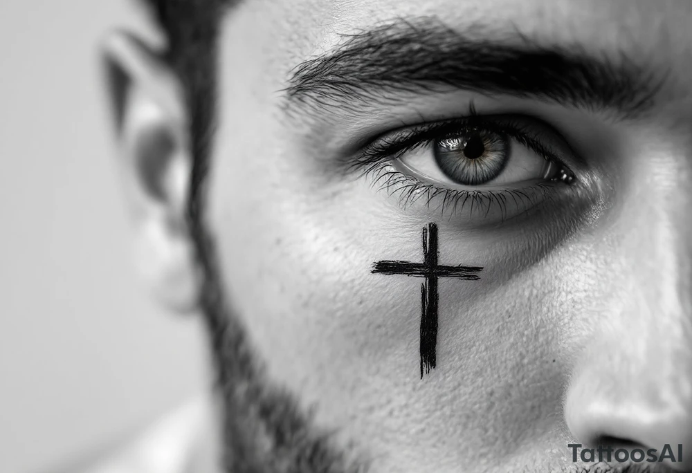 Cross in bold with a brush effect on man´s face under an eye. tattoo idea