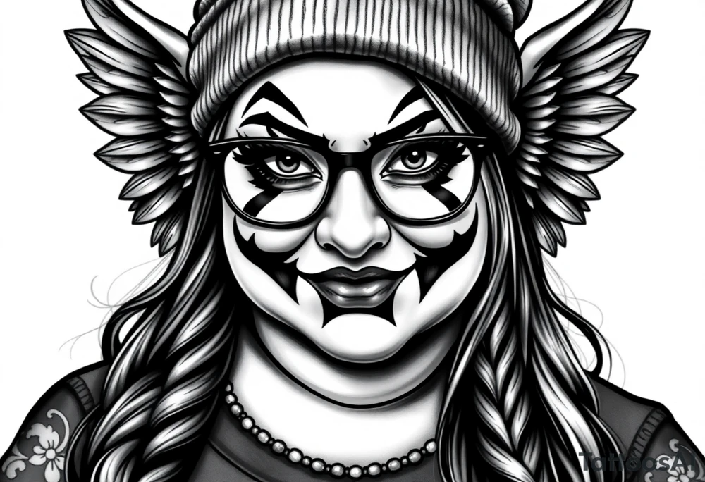 Chicana BBL fat sexy chunky plus size beautiful long hair clown makeup angel wings thug beanie eyeglasses tattoo idea