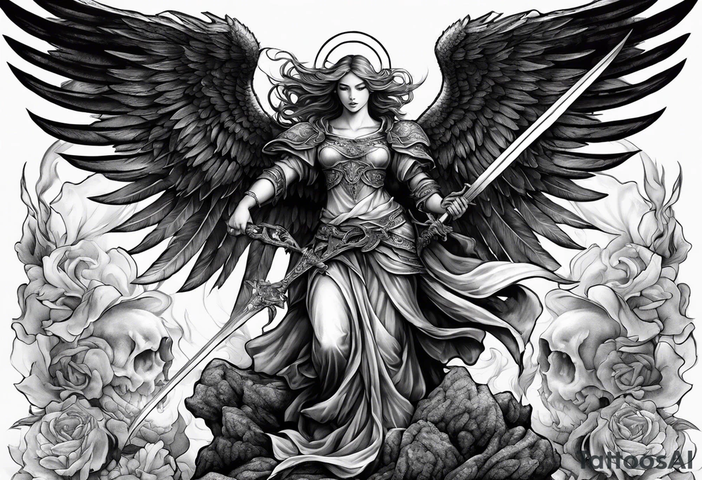 Angel with long sword on a pile of dead demons tattoo idea