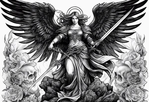 Angel with long sword on a pile of dead demons tattoo idea