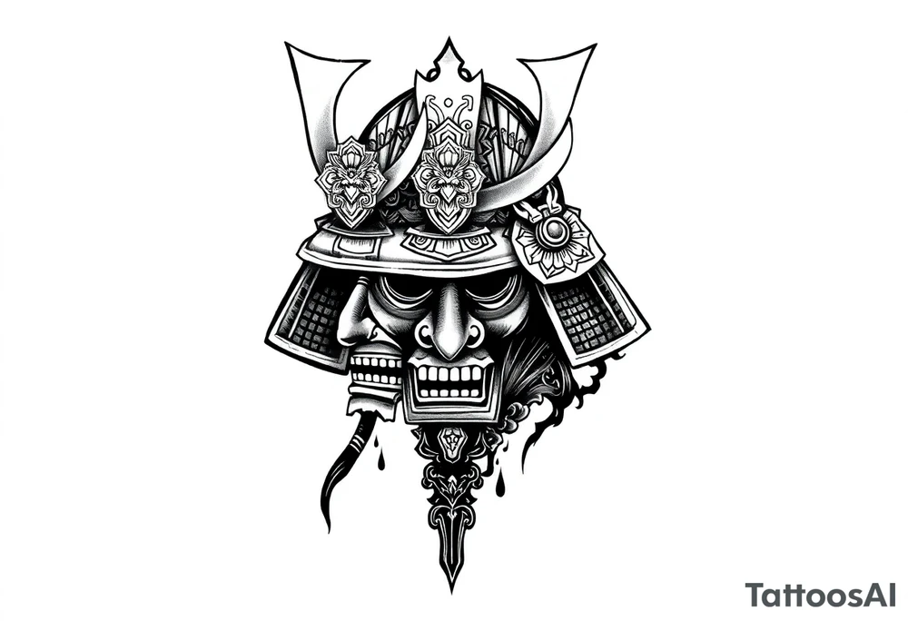 Samurai helmet tattoo design, Japanese traditional style, black ink, detailed armor, ornamental patterns, bold linework, sketch style, centered, forearm tattoo design tattoo idea