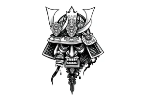 Samurai helmet tattoo design, Japanese traditional style, black ink, detailed armor, ornamental patterns, bold linework, sketch style, centered, forearm tattoo design tattoo idea