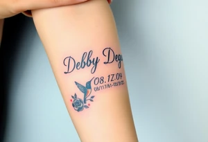 Tattoo of the exact name Debby Deguzman in chunky curly cursive with the exact dates of 08/17/61-05/29/25 surrounded by 1 hummingbird and 1 rose tattoo idea