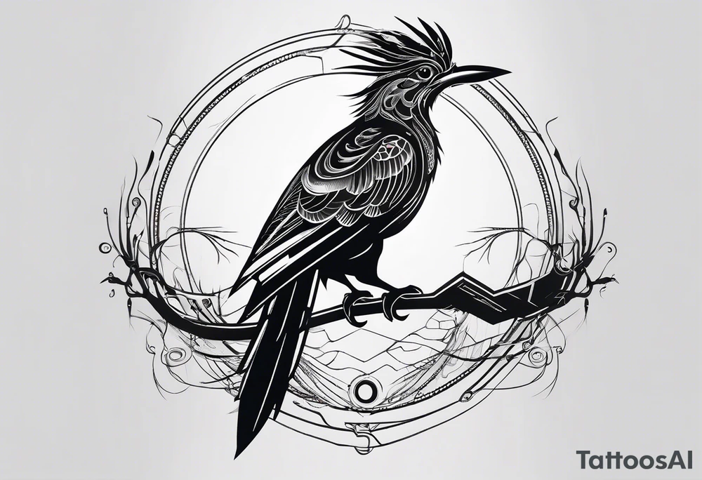 Minimalist Cyberpunk Quetzal that has cybernetic neurons coming from the bottom. tattoo idea