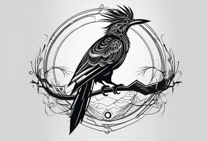 Minimalist Cyberpunk Quetzal that has cybernetic neurons coming from the bottom. tattoo idea