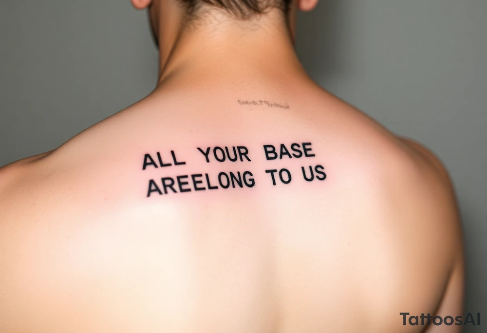 "Tattoo of a corrupted .txt file:  
Visible text: 'ALL YOUR BASE ARE BELONG TO US'  
Corrupted parts: 'IFUCK10' repeated in hex-code.  

Style: Data moshing. Black ink, forearm." tattoo idea