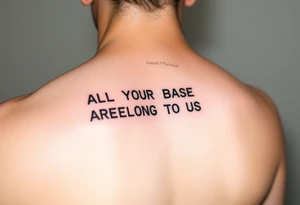 "Tattoo of a corrupted .txt file:  
Visible text: 'ALL YOUR BASE ARE BELONG TO US'  
Corrupted parts: 'IFUCK10' repeated in hex-code.  

Style: Data moshing. Black ink, forearm." tattoo idea