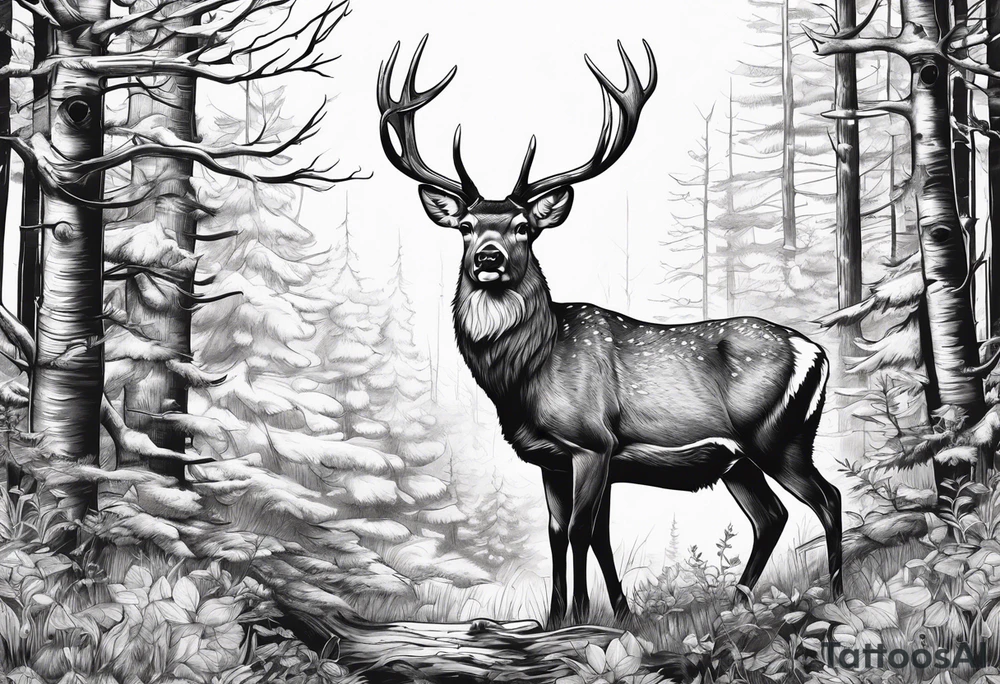 Deer in wood with big rack with deer antler frame tattoo idea Deer in wood with big rack with deer antler frame tattoo idea