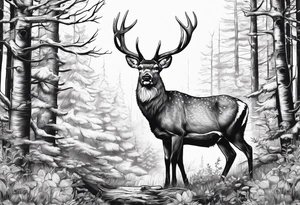Deer in wood with big rack with deer antler frame tattoo idea