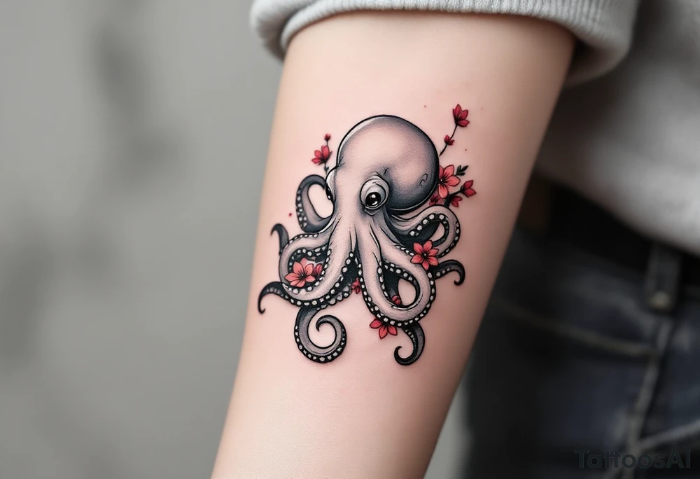 A small realistic black and grey tattoo of an octopus, cute, with detailed shading and soft linework, showing the octopus with swirling tentacles, on light skin. ornamental flowers around with red ink. The style is minimalistic and elegant, resembling fine-line tattoo with a shadow tattoo idea
