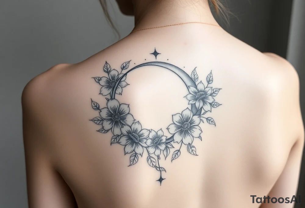 Flower sleeve surrounded by moon and star design for arm tattoo idea