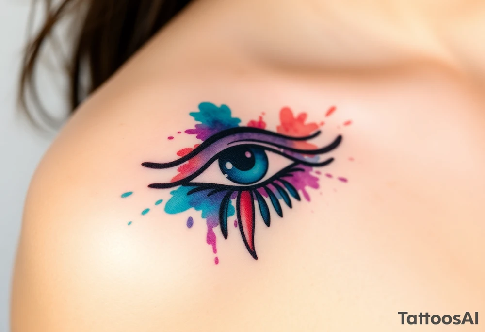 A watercolor-style Eye of Horus, with splashes of turquoise, purple, and red blending together for an artistic effect tattoo idea