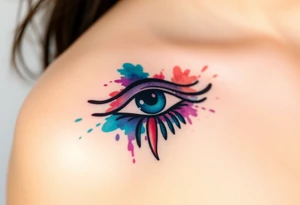 A watercolor-style Eye of Horus, with splashes of turquoise, purple, and red blending together for an artistic effect tattoo idea