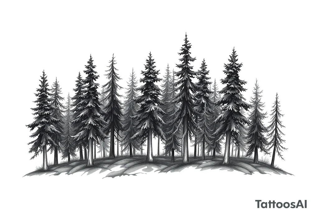 Needle forest with black and gray trees tattoo idea