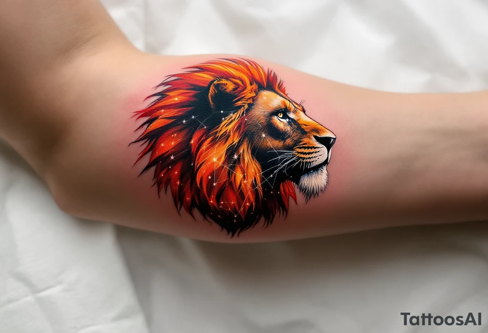 The lion’s silhouette is painted in fiery reds and oranges, with the vivid Leo star constellation mapped across its chest in white. tattoo idea
