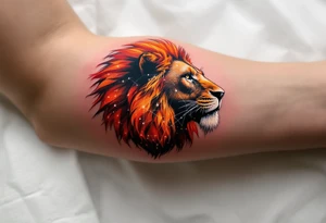 The lion’s silhouette is painted in fiery reds and oranges, with the vivid Leo star constellation mapped across its chest in white. tattoo idea