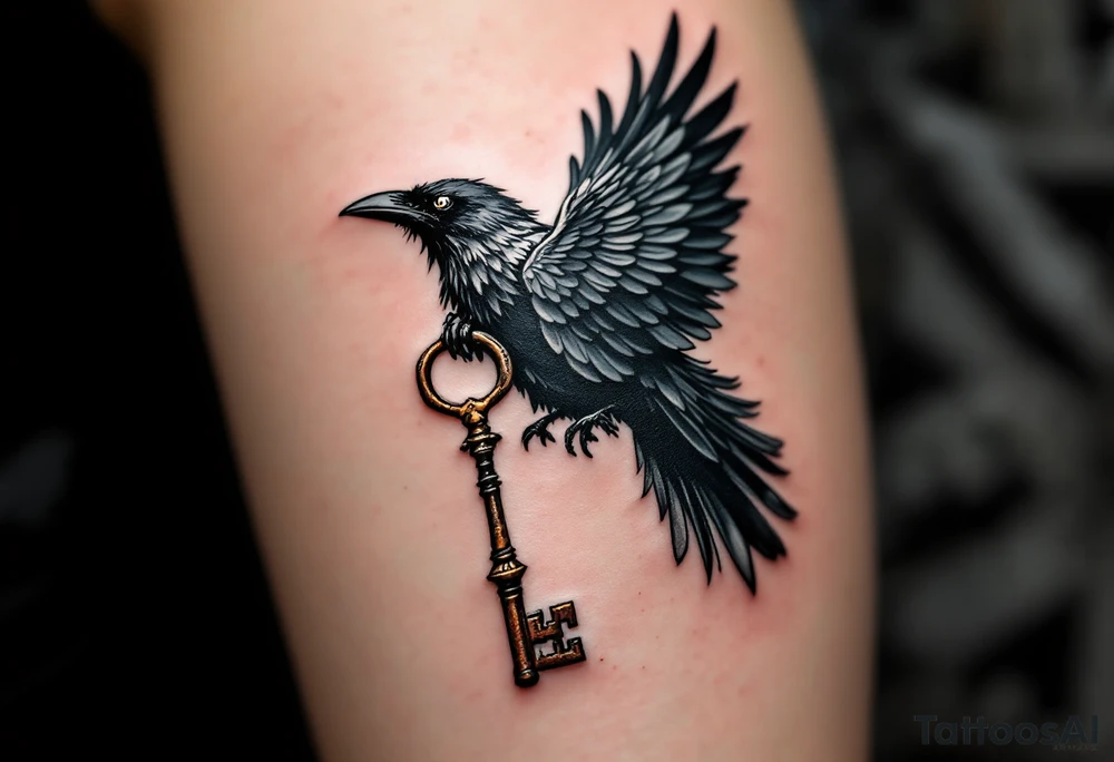 Crow Carrying a Key – A mysterious crow flying with a vintage iron key in its beak. Grayscale with rust-colored highlights on the key. tattoo idea