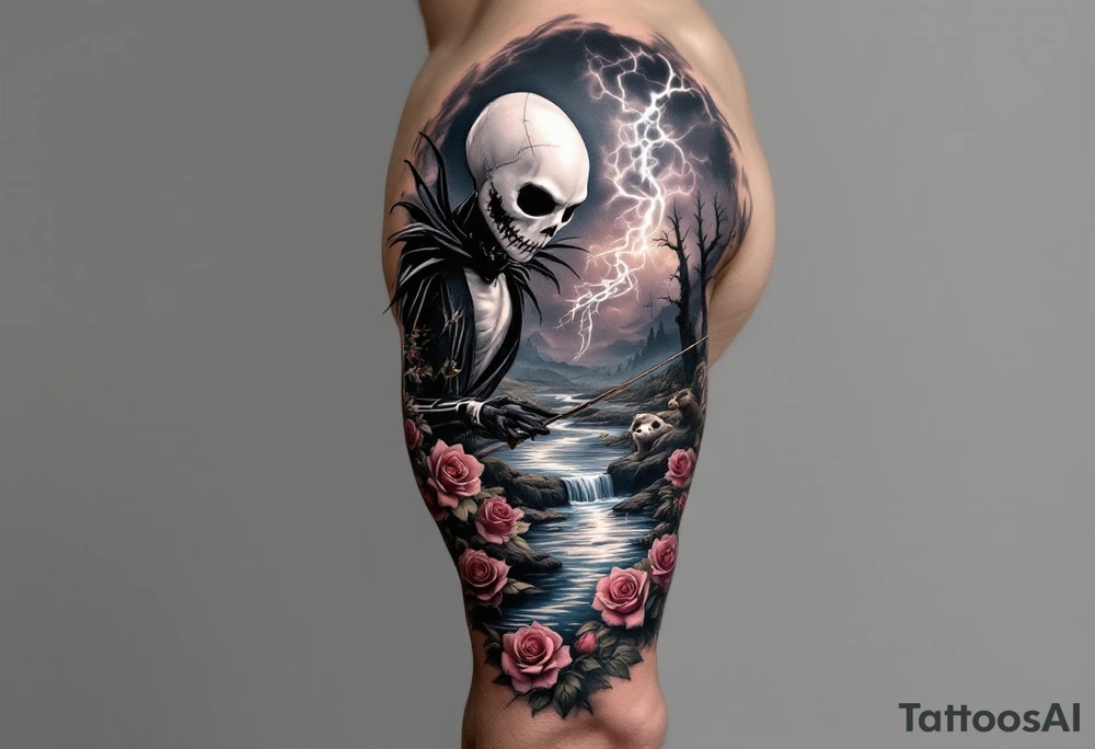 jack skellington fishing at river,smoking, thunder, roses, animals tattoo idea