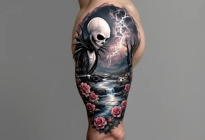 jack skellington fishing at river,smoking, thunder, roses, animals tattoo idea