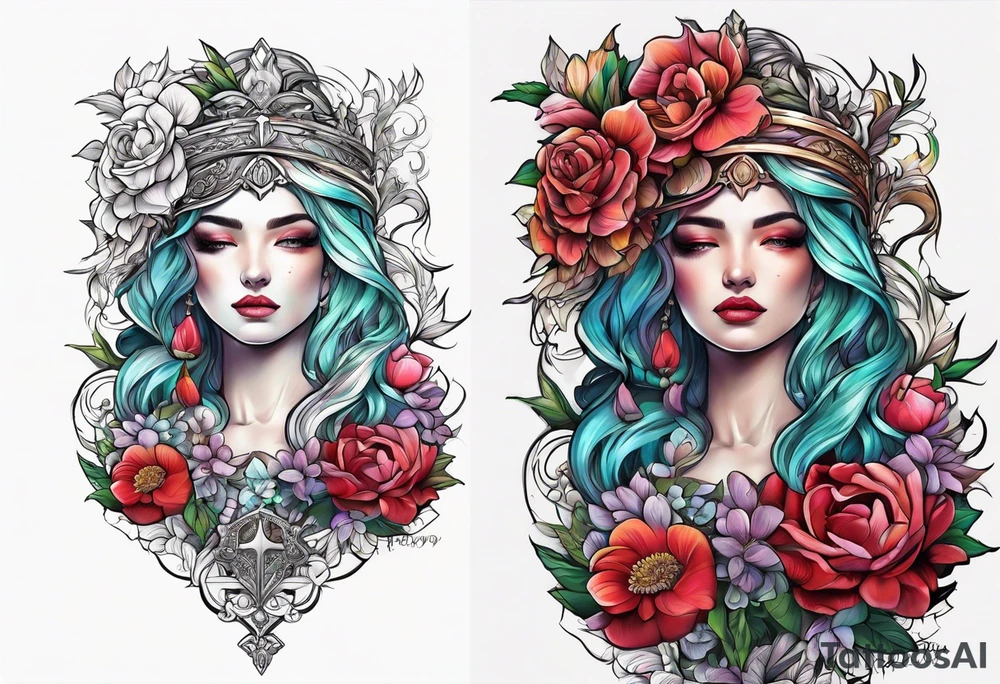 Goddess of justice with flowers tattoo idea