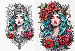 Goddess of justice with flowers tattoo idea