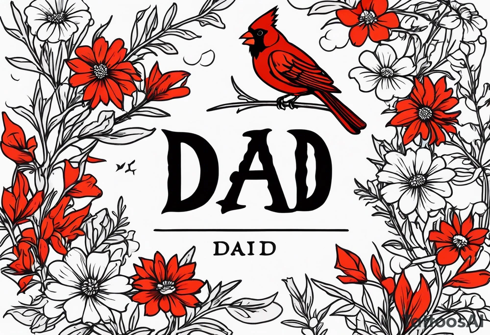 Aster flowers and sea rocket flowers with a cardinal around the words Dad tattoo idea