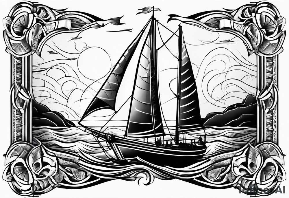 front bow sails with lighthouse on board tattoo idea