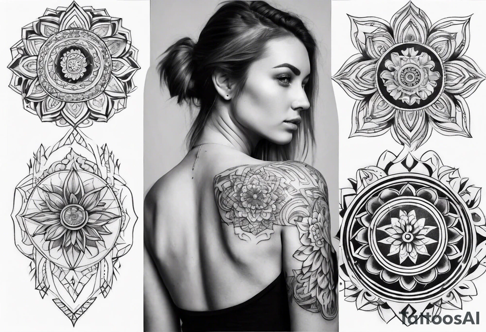 shoulder to elbow tattoo, with beautiful women and mandala tattoo idea