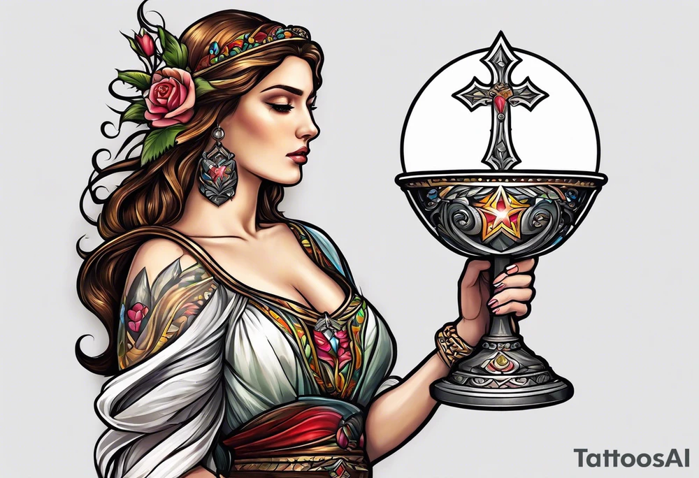 holy saint woman turned away
 holding a chalice tattoo idea
