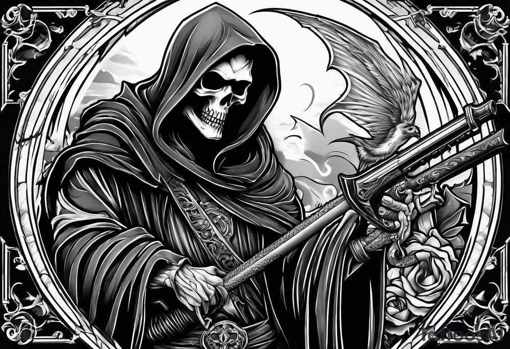 grim reaper with sword and pistol tattoo idea