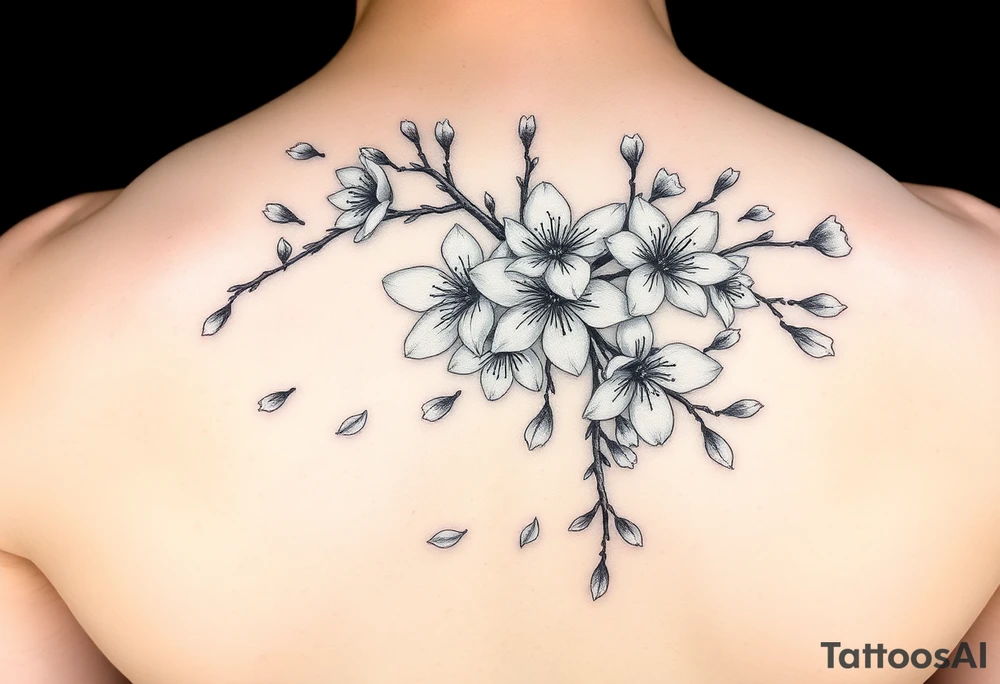 delicate cherry blossoms swirling in spring breeze with petals tattoo idea
