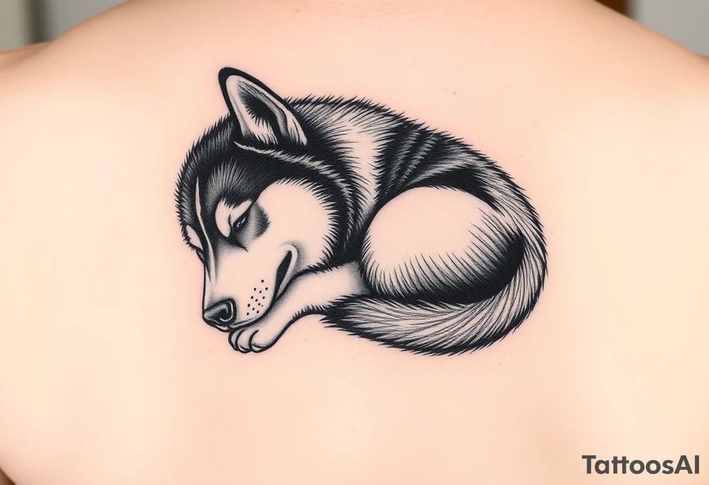 Majestic Siberian husky curled up napping tattoo idea