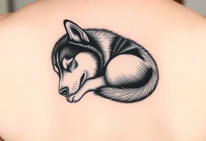 Majestic Siberian husky curled up napping tattoo idea