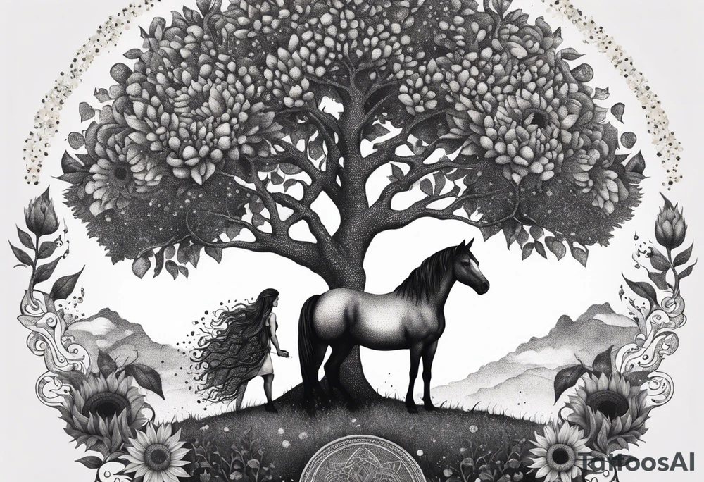 Yggdrasil tree, horse in front of it, and sunflowers tattoo idea