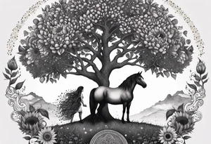 Yggdrasil tree, horse in front of it, and sunflowers tattoo idea