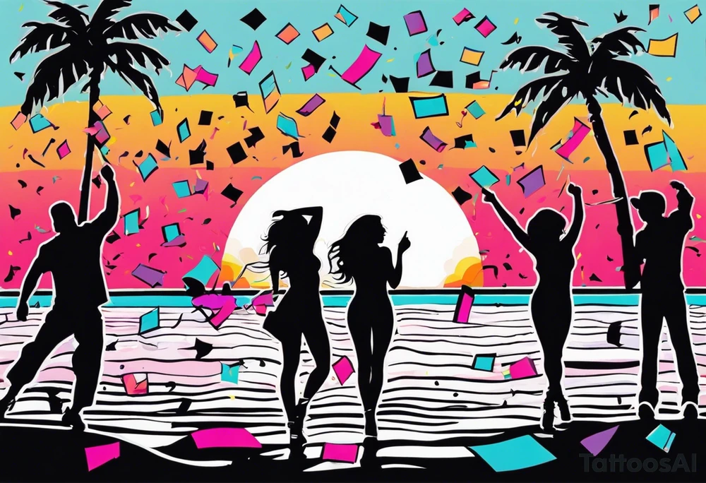 1980's miami vice style beach dance 
party, include confetti, music notes, boom box, SILHOUETTE bikinis sunset in the center tattoo idea