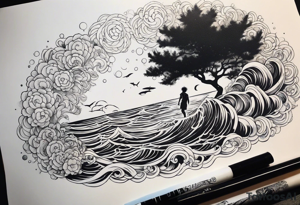 A falling greek men angel in the sea with the sun and all related to an asiatic culture and the anime Tokyo Ghoul.  Make it masculine and include in the water the DNA molecule and some fish and shrimp. Add colour to these designs tattoo idea