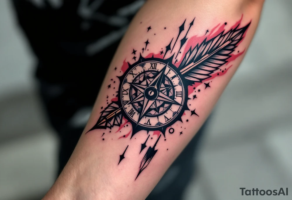 compass/clock with a large native American arrow tattoo idea