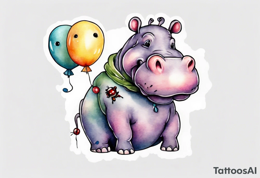 Whimsical tattoo of a hippo holding a balloon with a bug on it. Colorful and cute tattoo idea