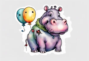 Whimsical tattoo of a hippo holding a balloon with a bug on it. Colorful and cute tattoo idea
