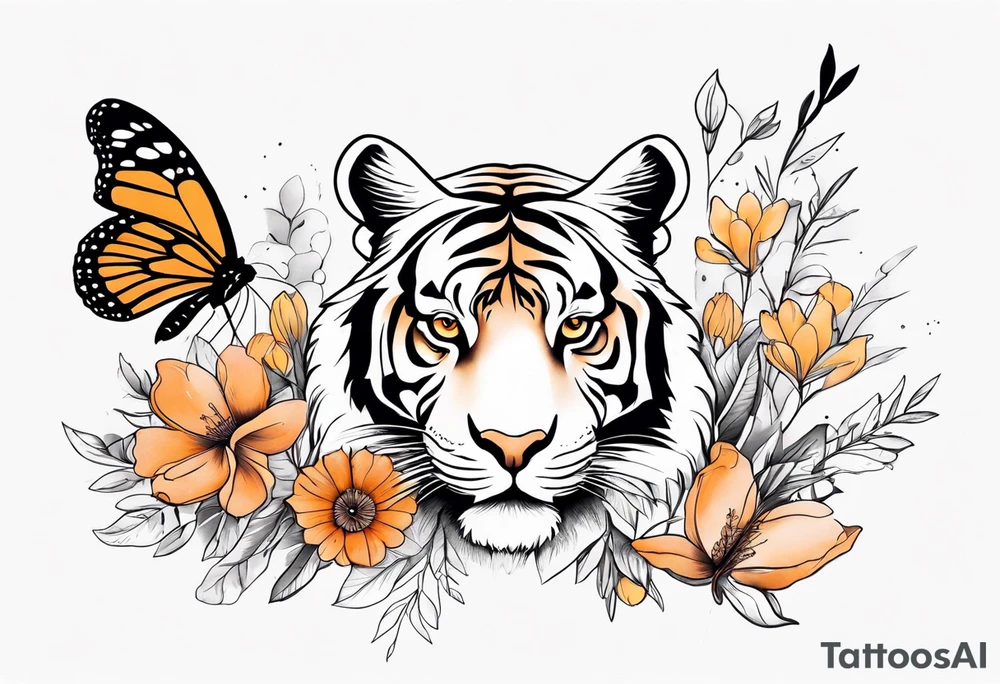 tiger, 3 butterflies, flowers for ladies thigh / hip tattoo idea