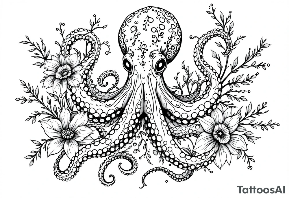 realistic octopus, detailed linework, intricate, black-and-grey shading, surrounded by floral ornaments, intertwining and merging with flowers, thin black swirling lines, semi-transparent brown leaves, dotwork, ornamental flourishes, radiating design, fine-line style, minimalistic, organic flow, feminine, artistic, slightly surreal, seamless composition, marine botanical fusion, lifelike texture, graceful rhythm, smooth shading, soft leaves wrapping, blooming shoulder flower, outward radiating pattern, vine tentacle flow, integrated sea creature, botanical octopus curved body placement, natural organic movement tattoo idea