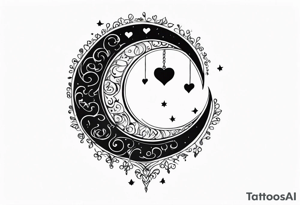 Crescent moon with hearts dangling from the bottom of it tattoo idea
