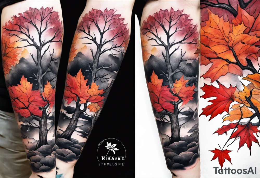 Full arm sleeve. Hikae. A maple tree with red autumn leaves that branches upwards. White-throated dipper bird on the trees branches. Calluna flowers at the base of the trees stem. Tree stem has dark colors. Red/yellow sunset behind the trees stem. Leaves falling. tattoo idea