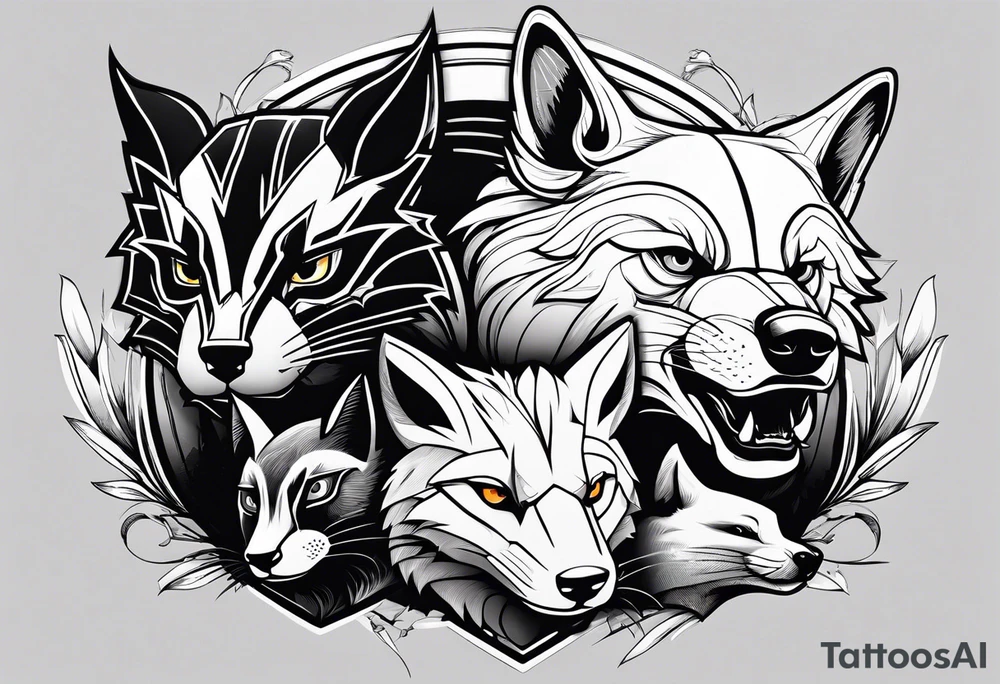 a super hero team which is combination of animals.
One is Badger/Wolverine One is Bull One is Wolf One is Axolotl One is Canary One is Lizard One is Cat tattoo idea