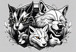 a super hero team which is combination of animals.
One is Badger/Wolverine One is Bull One is Wolf One is Axolotl One is Canary One is Lizard One is Cat tattoo idea